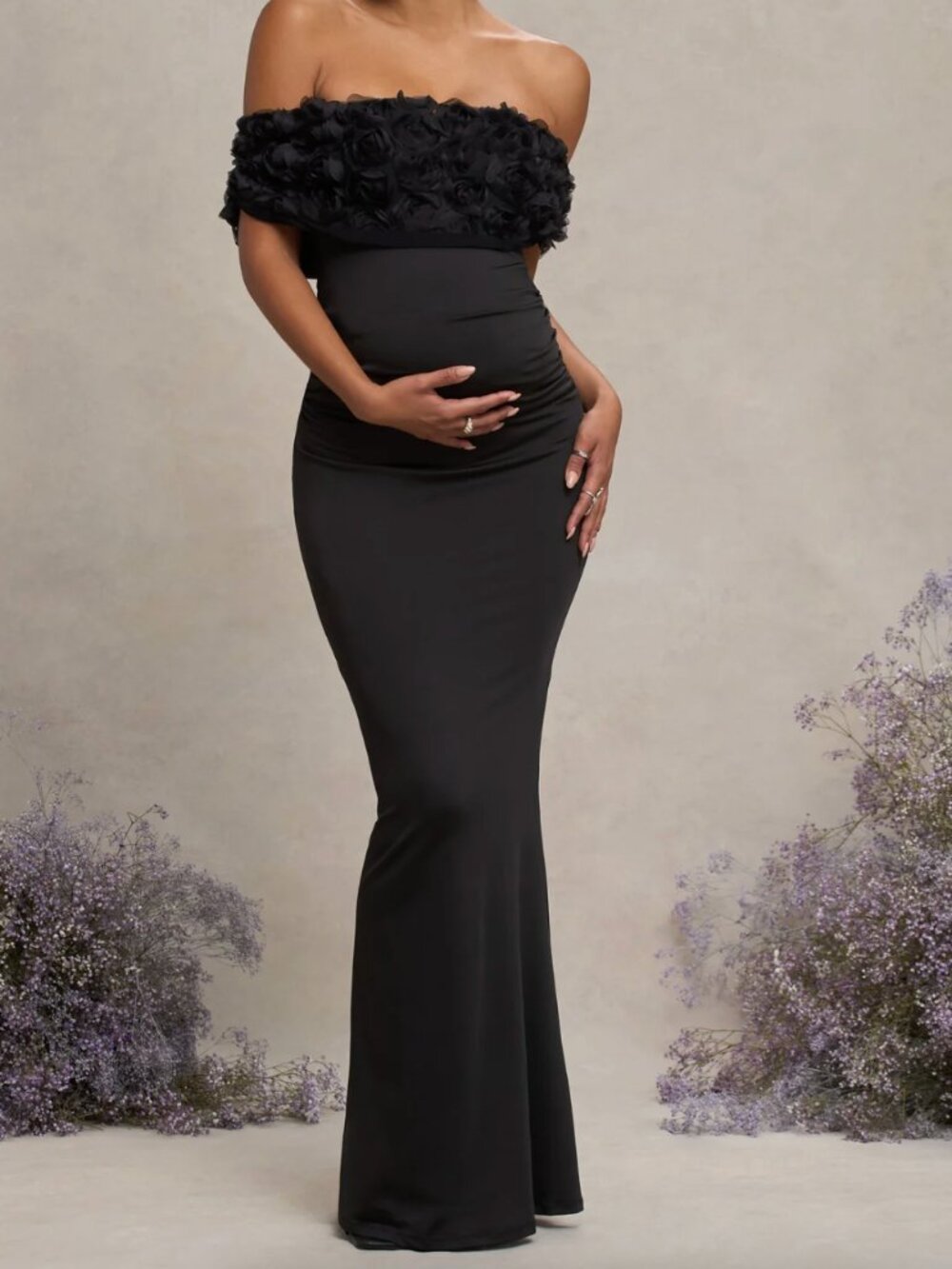 Club L London Inflorescence Black Mesh Floral Bardot Maternity Maxi Dress US 8